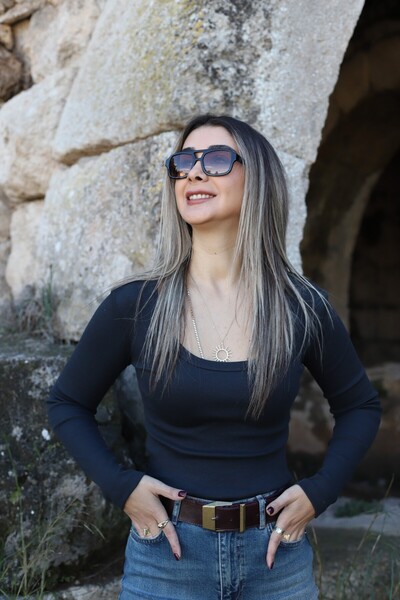 bytugcekaya Anthracite ribbed oval neck blouse