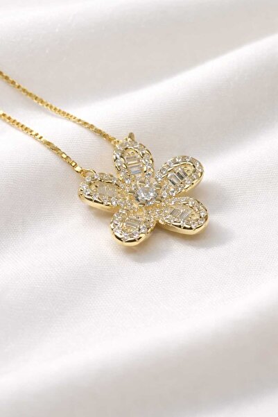 Nuvor Silver 925 Ayar Gümüş Baget Taşlı Mine Çiçek Kolye – Zirkon Taşlı Şık K...