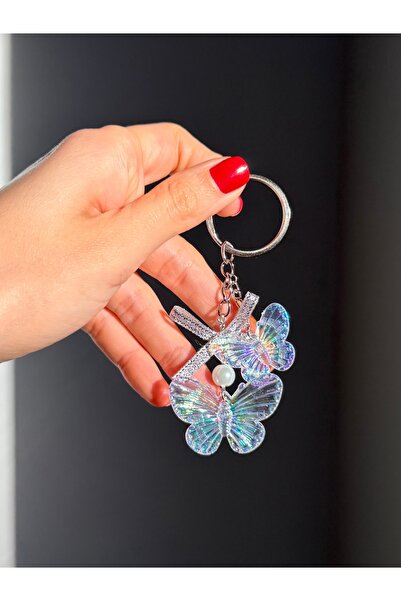 Pinky Lady Silver Bow Keychain with Hologram Butterfly Charm