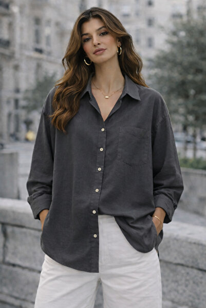 kikiriktekstil Women's Oversize Viscose Fabric Shirt with Pleated Back