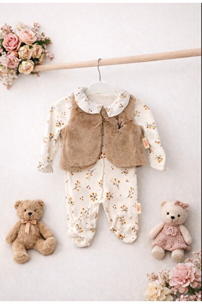 ASİLA Embroidered Plush Vest and Patterned Baby Girl Romper