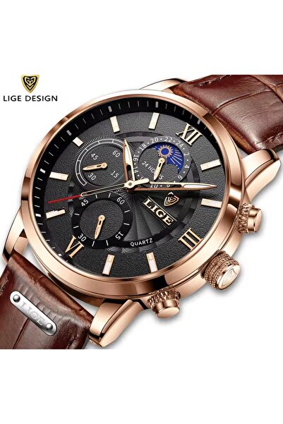 Lige Luxury Leather Cord All Functions Active 3 Atm Water Resistant Steel Cas...