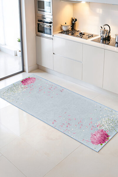 Home Açık Mavi Zeminli Pembe Çiçek ve Beyaz Yaprak Desenli Şık Mutfak Halısı