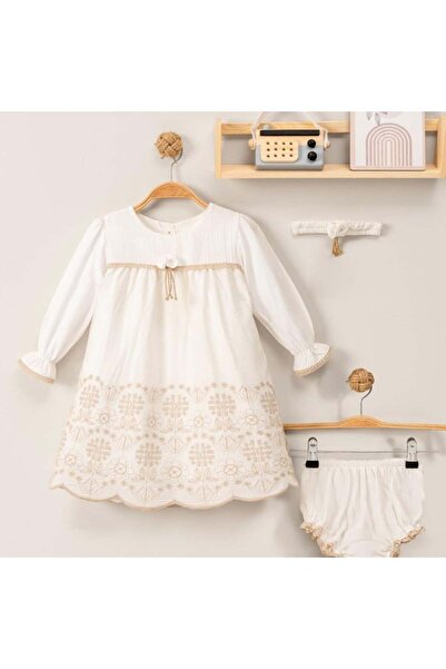 Generic ميني جنتل طقم فستان بناتي كرنكل على تطريز برودا - قطعتين - أبيض