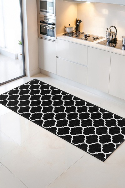 Home Siyah Üzerine Beyaz Geometrik Desenli Modern Şık Dekoratif Mutfak Halısı