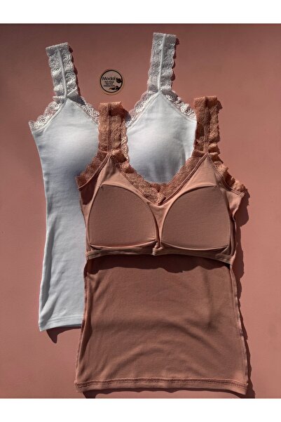 LEYNA BUTİK Women's Modal Camisole V-Neck Bra Lace Undershirt Blouse Set of 2...