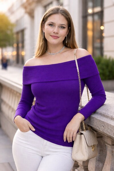 Seamoda Plus Size Madonna Collar Lycra Ribbed Blouse-Purple