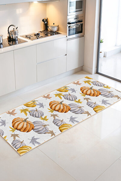 Home Sonbahar Renkleriyle Kabak ve Sarı Yaprak Desenli Şık Mutfak Halısı
