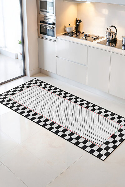 Home Siyah Beyaz Kare Desenli Şık ve Modern Mutfak Halısı