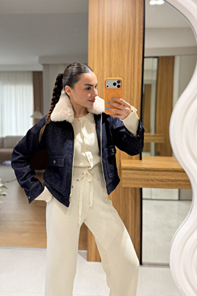 HARMONY GLOBAL Women's Plush Denim Jacket - Zippered, Winter, Fit, Navy Blue ...