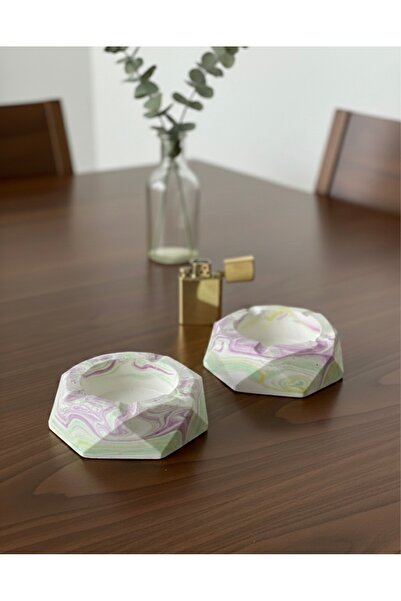 Silver Set of 2 Marble Patterned Geometric Stone Powder Ashtrays - Modern Hom...