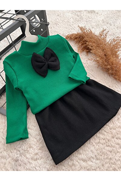 BEBEK ÇOCUK YESiL SiYAH BLUZ VE ETEK TAKIMI SETi