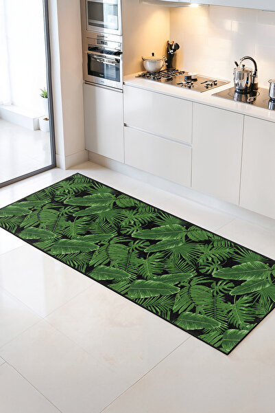 Home Tropical Yeşil Yaprak Desenli Şık Dekoratif Mutfak Halısı