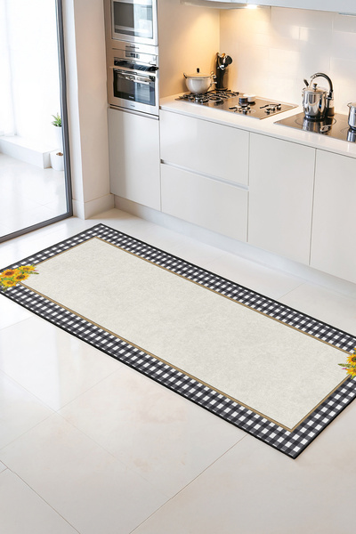 Home Sarı Çiçeklerle Zenginleştirilmiş Siyah Beyaz Kare Desenli Dekoratif Mut...