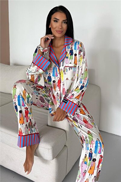 Abruzzo Moda Figürlü Saten Pijama Takımı Uzun Kollu Gömlek Yaka
