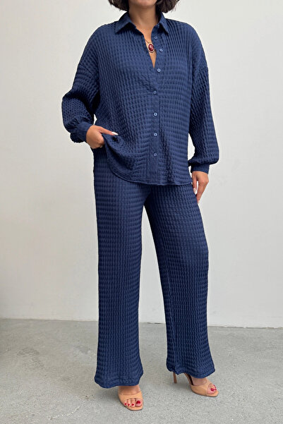 Lusin Women's Navy Blue Soft Textured Shirt and Pants Double Premium Quality Set