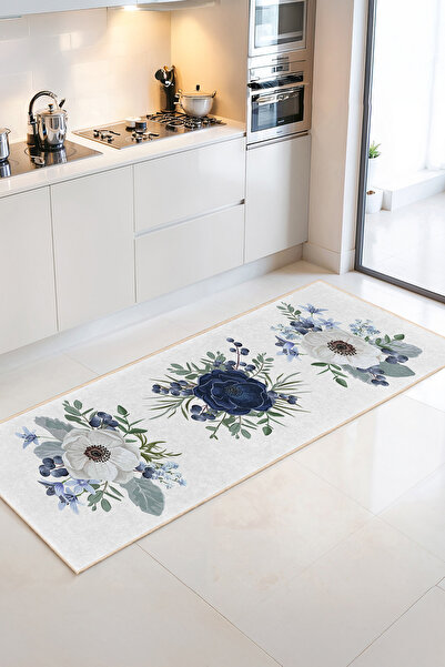 Home Beyaz ve Mavi Çiçek Desenli Şık Dekoratif Mutfak Halısı