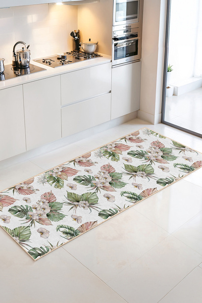 Home Çiçek Desenli Yeşil ve Pembe Tropikal Süslemeli Mutfak Halısı
