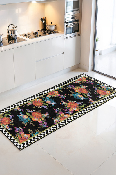 Home Renkli Çiçek Desenli Siyah Zeminli Şık Dekoratif Mutfak Halısı