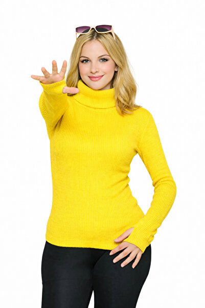MetuCA Women's Yellow Finger-Looped Turtleneck Ribbed Long Sleeve Knitwear Sw...