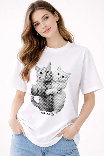 FANA Valentine's Day Special Y2K Vintage Halftone Cat Printed Oversize T-Shir...
