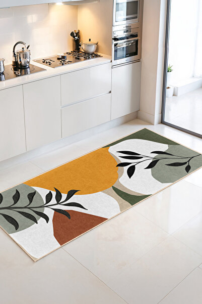 Home Yeşil Yapraklar ve Organik Şekillerle Renkli Modern Mutfak Halısı