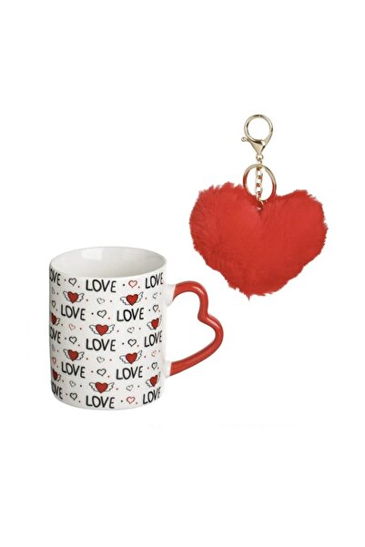 OEM White Ceramic Mug "Love" with Heart Handle and Red Faux Fur Heart Keychai...