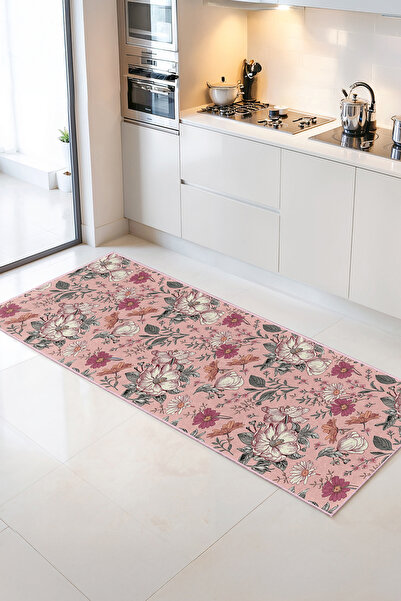 Home Pembeli Çiçek Desenli Pastel Renkli Şık Mutfak Halısı