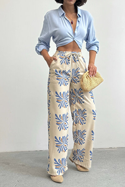 Lusin Women's Beige Ethnic Patterned Sofia Linen Trousers