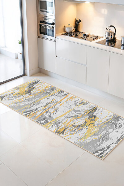 Home Sarı ve Gri Dalgalı Desenli Modern Tarz Dekoratif Mutfak Halısı