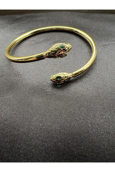 Septemmart Yeşil Taşlı Kararmaz Yılan Figürlü Gold Renk Çelik Kelepçe Bilezik
