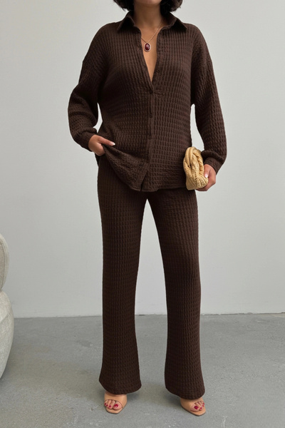 Lusin Women's Brown Soft Textured Shirt and Trousers Double Premium Quality Set