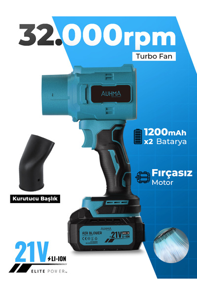 auhma AHV-18 Şarjlı Turbo Fan Hava Üfleyici Mavi - 21V Kömürsüz Motor (Brushl...