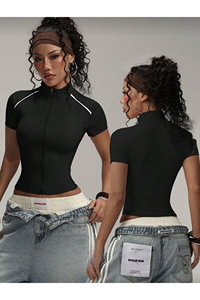 EDVESS Coolfit Short Sleeve Zip-Up Slim Fit Blouse