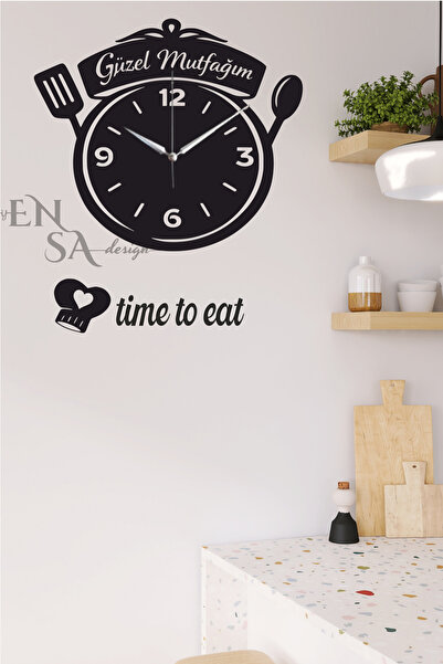 Ensa Design Time To Eat Ahşap Mutfak Duvar Saati – Güzel Mutfağım Yazılı Siya...