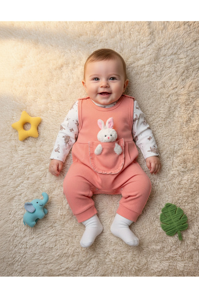 MUBA KIDS %100 Pamuk Tavşancık Oyuncaklı Mercan Salopet Tulum Seti - İç Çıtçı...