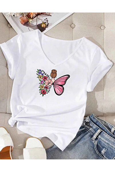 SUNFREE Butterfly Printed V-Neck Short Sleeves Cotton Combed Women's Tshirt