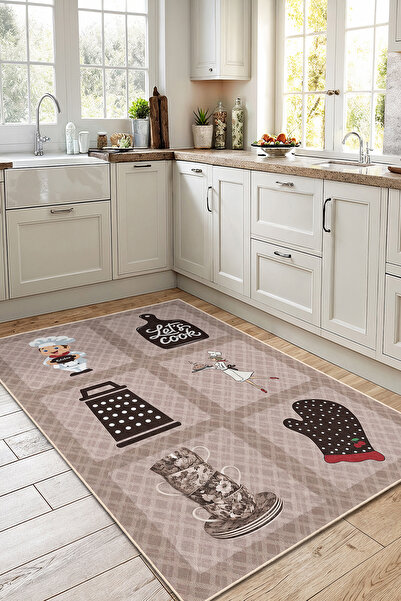 Home Mutfak Aletleri ve Şef Desenli Çikolata Renkli Şık Dekoratif Mutfak Halısı