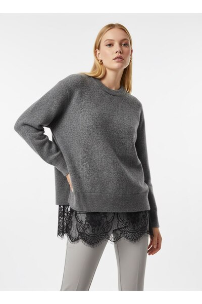 ROBAS Bisiklet Yaka Etek Ucu Dantel Kadın Kazak