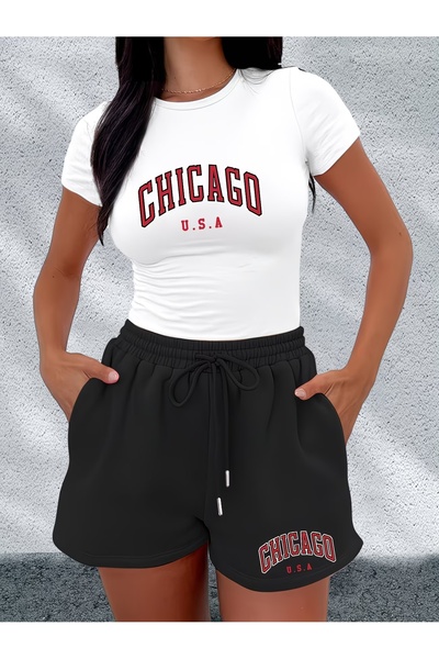 macklin Women's Chicago Printed Baby Tee Combed Cotton Crop and Shorts - Two-...