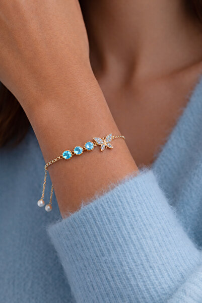 Soleildor 925 ayar Orijinal Gümüş Kişiye Özel Doğum Taşlı Kelebek Gümüş Bileklik