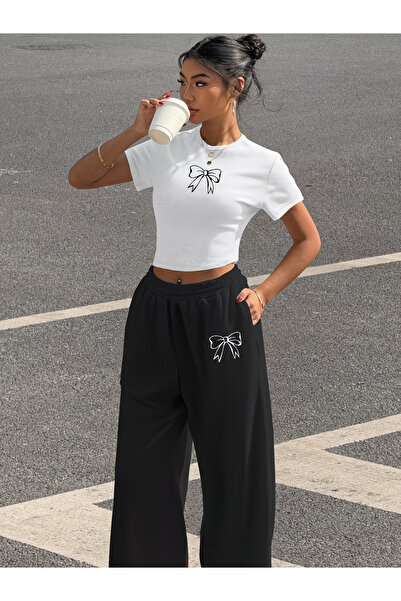 macklin Women's Ribbon Printed Baby Tee Combed Cotton Crop Top and Sweatpants...