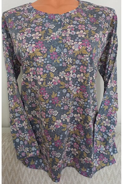 Anne Er Clothing Paper Print Combed Cotton Blouse Long-Sleeve Crew Neck 3 But...