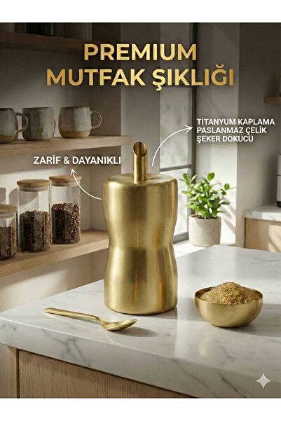 LOVYCO Gold Metal Dökme Şekerlik - Paslanmaz Pirinç Görünümlü Modern Toz Şeke...
