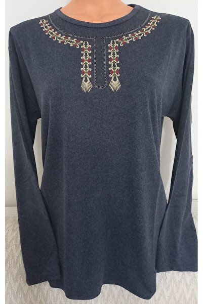 Anne Er Clothing Winter Cotton Combed Cotton Blouse Long-Sleeve Crew Neck Emb...