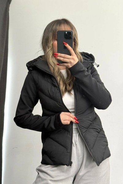 gm giyimarket Women's ZRA Model Contrast Hooded Puffer Coat
