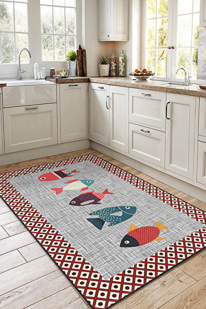 Home Renkli Balık Motifli Eğlenceli Desenli Şık Dekoratif Mutfak Halısı