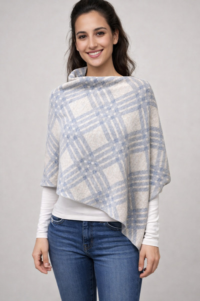 Sebir Moda Checkered Patterned Asymmetrical Cut Knitwear Acrylic Poncho