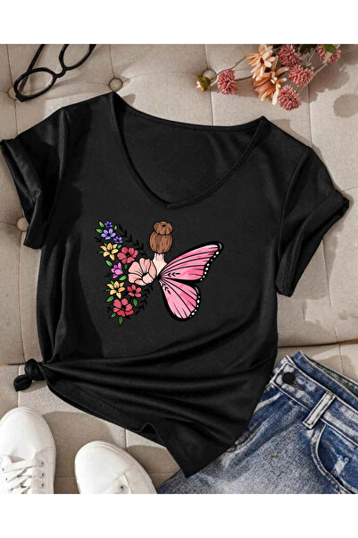 SUNFREE Butterfly Printed V-Neck Short Sleeves Cotton Combed Women's Tshirt