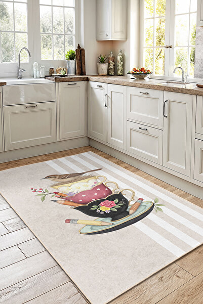 Home Çiçek Desenli Renkli Çay Fincanı Motifli Şık Dekoratif Mutfak Halısı